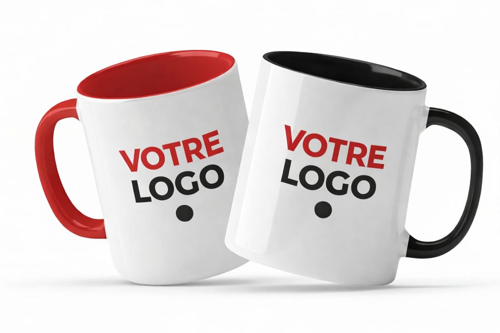 TTasses personnalisées avec impression | Blancs avec intérieur et poignée colorés